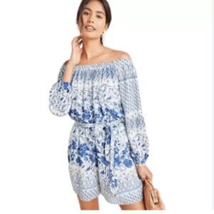 Anthropologie Clemente Off Shoulder Floral Belted Romper Blue White